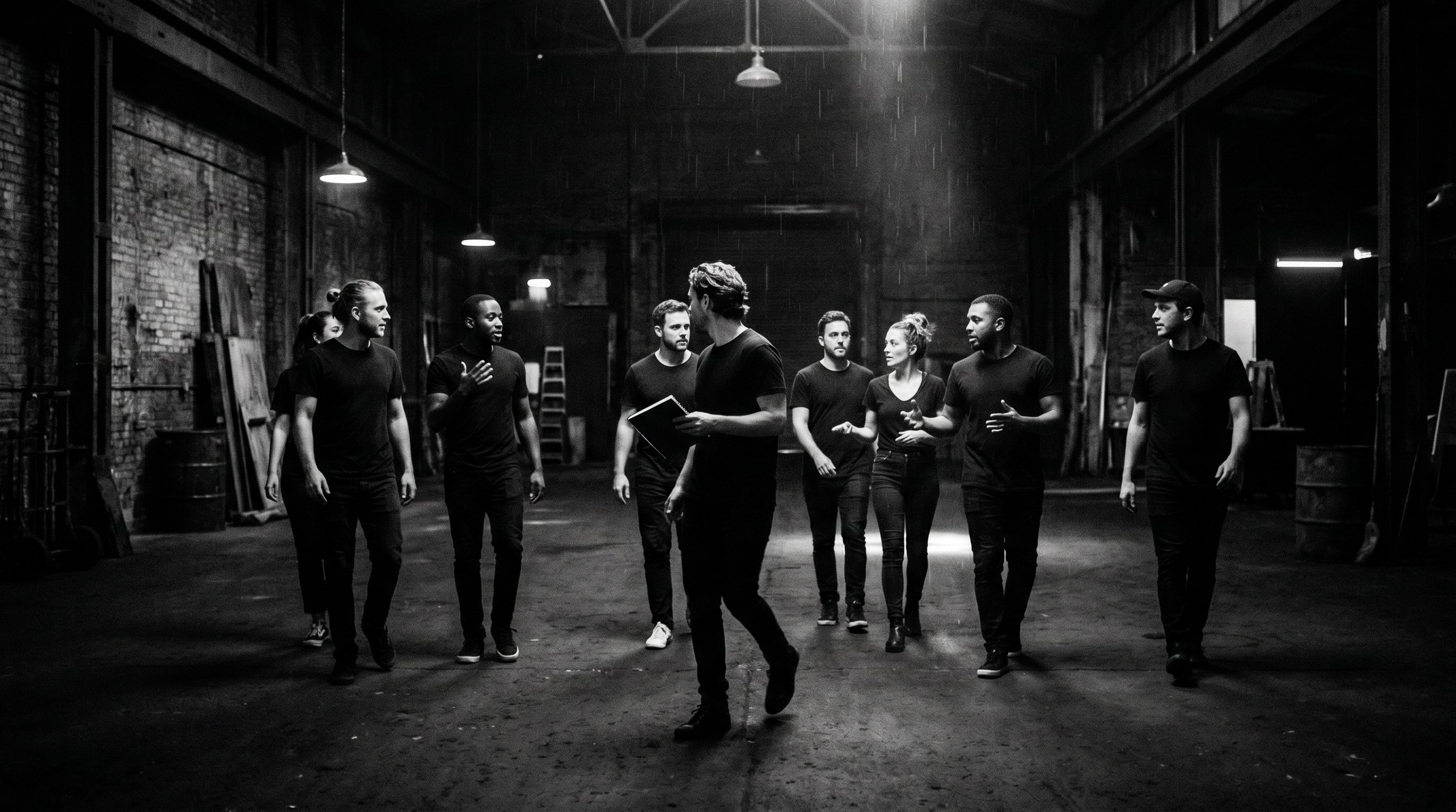 Black and white photo of teens rehearsing a dance routine on a stage.
